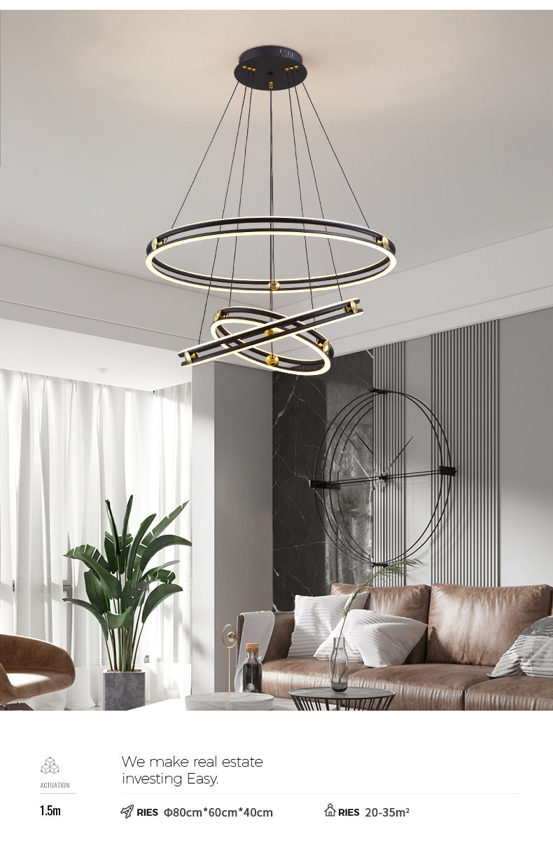 Hollow Ring Shape Hanging Chandelier Light Modern Multi Tiered Black Pendant Lamp with Frosted Silicone Shade