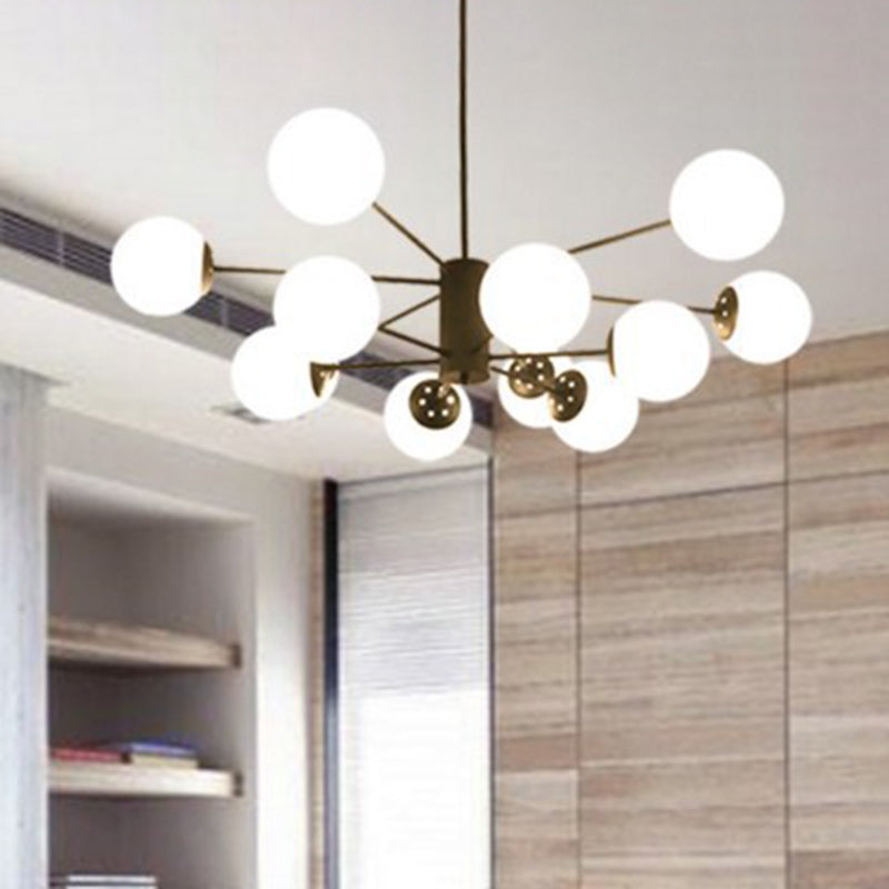 Frosted White Glass Ball Shade Chandelier 12-Light Modern Style Black Pendant Light for Bedroom Living Room