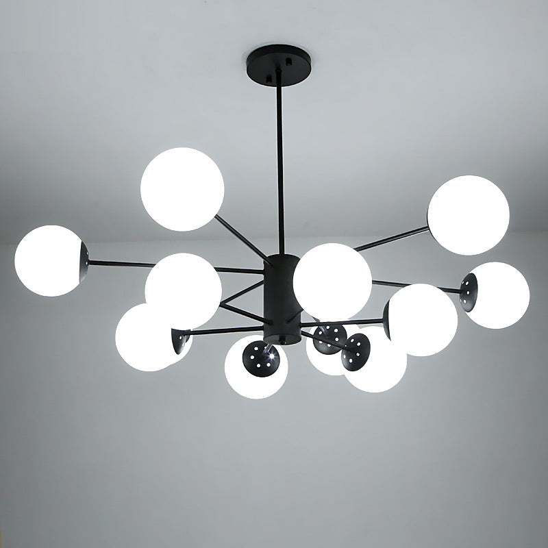 Frosted White Glass Ball Shade Chandelier 12-Light Modern Style Black Pendant Light for Bedroom Living Room