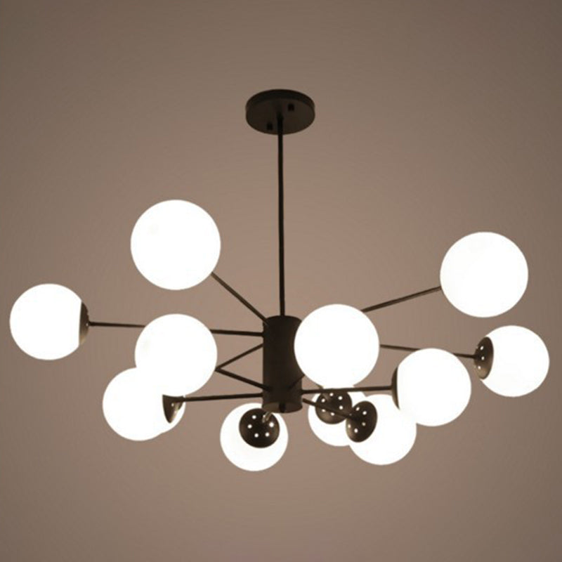 Frosted White Glass Ball Shade Chandelier 12-Light Modern Style Black Pendant Light for Bedroom Living Room