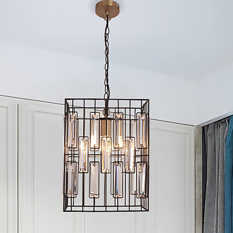 Black Cubic Cage Pendant Light Industrial Metal 1 Light Suspension Light with Crystal Accent for Restaurant