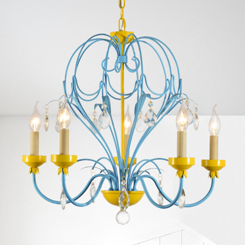 Macaron Candle Hanging Light Metallic 5 Lights Chandelier Lamp with Crystal Drop in Yellow and Blue for Children