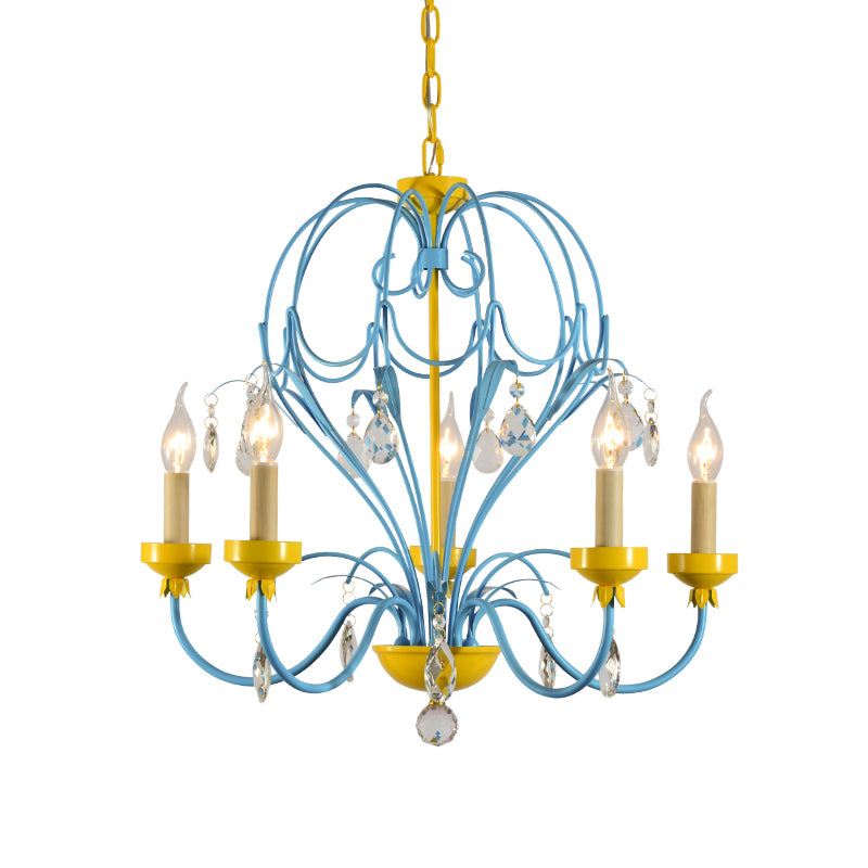 Macaron Candle Hanging Light Metallic 5 Lights Chandelier Lamp with Crystal Drop in Yellow and Blue for Children