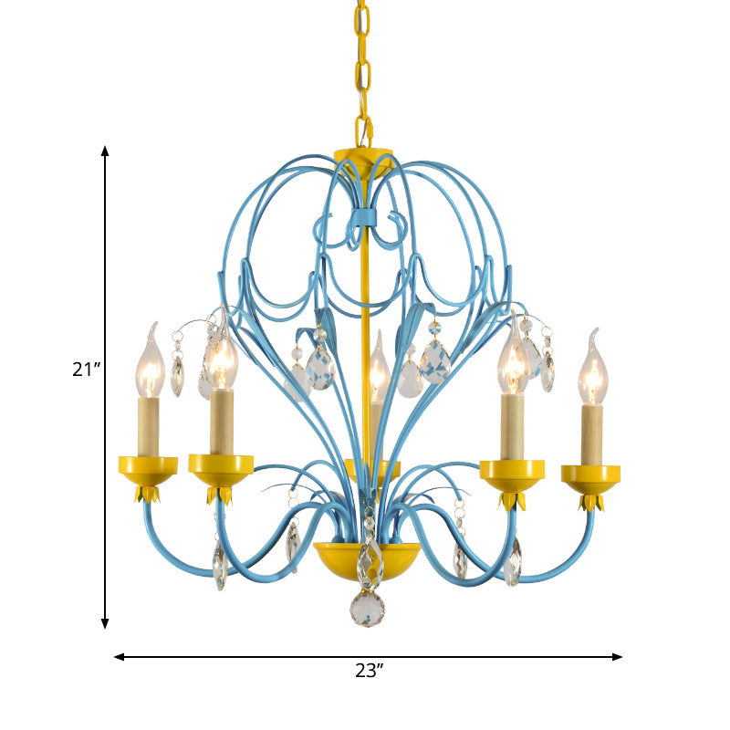 Macaron Candle Hanging Light Metallic 5 Lights Chandelier Lamp with Crystal Drop in Yellow and Blue for Children