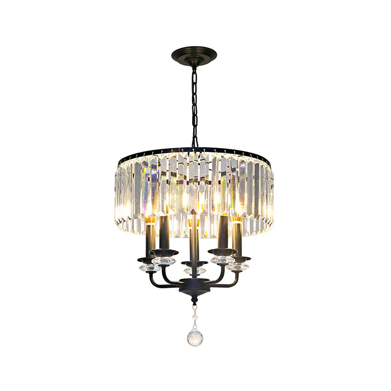 Clear Crystal Block Chandelier Lamp with Drum Shade Modernist 5 Lights Suspension Light in Black