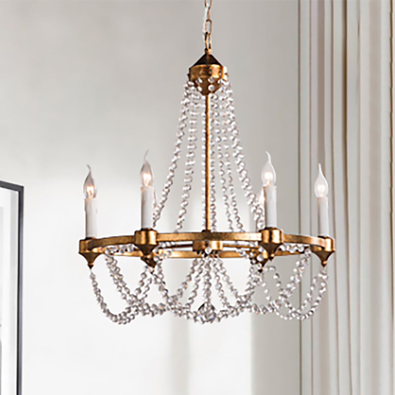 French Country Candle Chandelier Lamp with Crystal Beaded Strand 6 Lights Pendant Lighting in Antique Brass