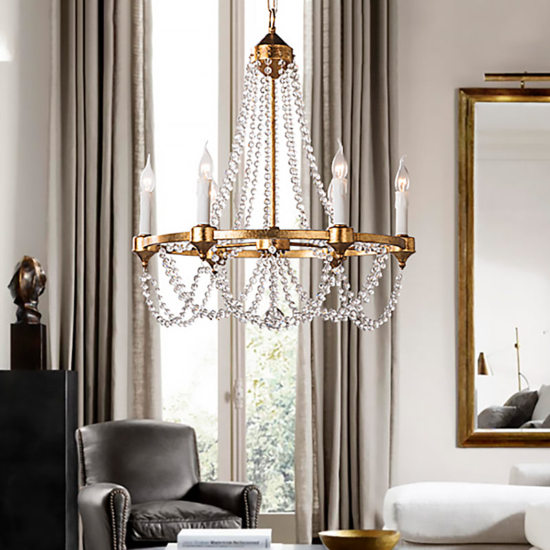 French Country Candle Chandelier Lamp with Crystal Beaded Strand 6 Lights Pendant Lighting in Antique Brass