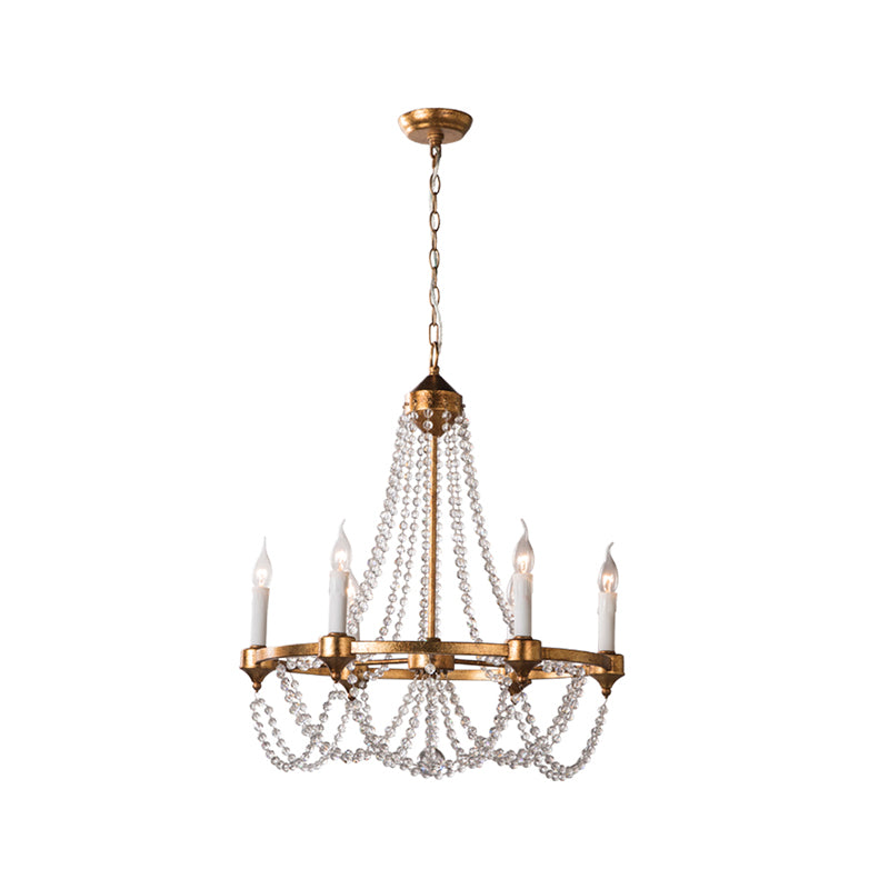 French Country Candle Chandelier Lamp with Crystal Beaded Strand 6 Lights Pendant Lighting in Antique Brass