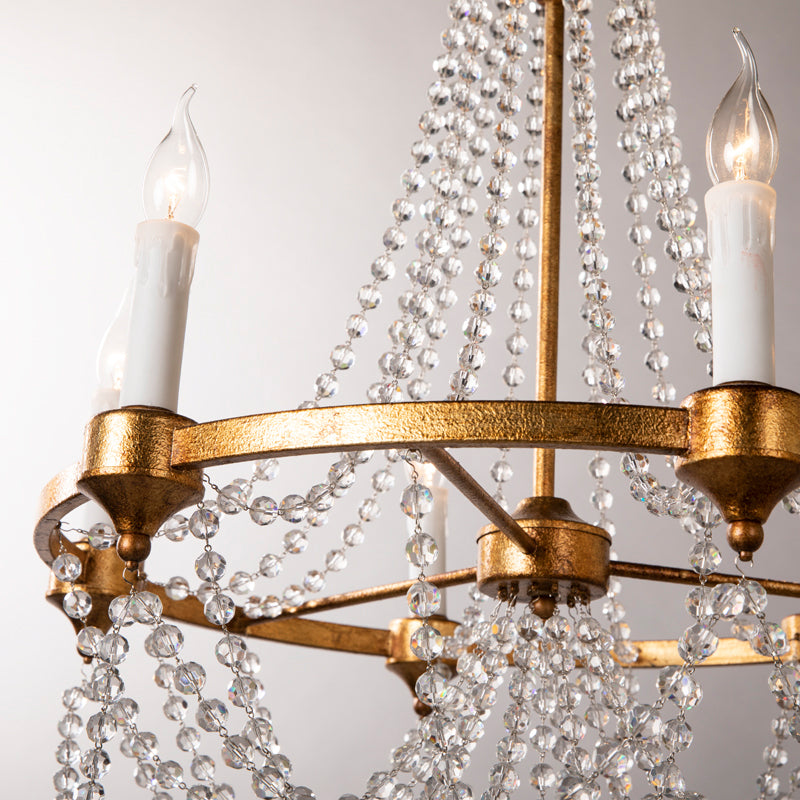 French Country Candle Chandelier Lamp with Crystal Beaded Strand 6 Lights Pendant Lighting in Antique Brass