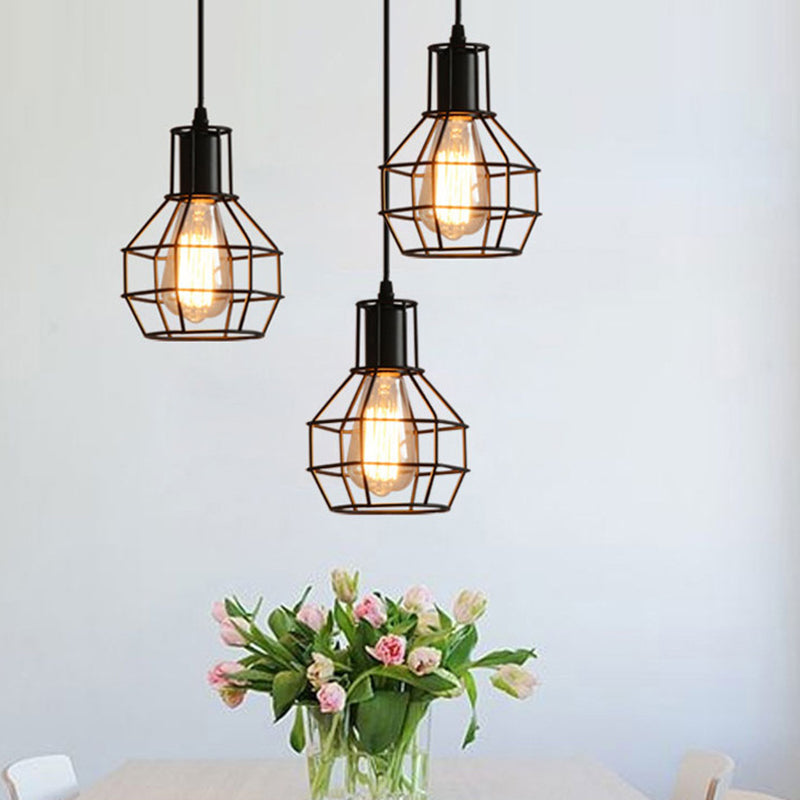 Industrial Style Open Cage Pendant Ceiling Light Metal Hanging Light Fixture in Black