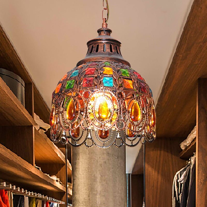 IJzer koepelophanglamp Bohemenstijl 1 lichte plafond hanglamp met kristal accent bij verweerd koper