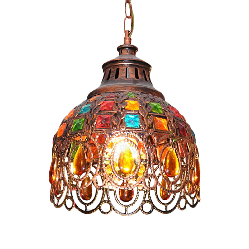 Iron Domed Suspension Lamp Bohemia Style 1 Light Ceiling Pendant Light with Crystal Accent in Weathered Copper