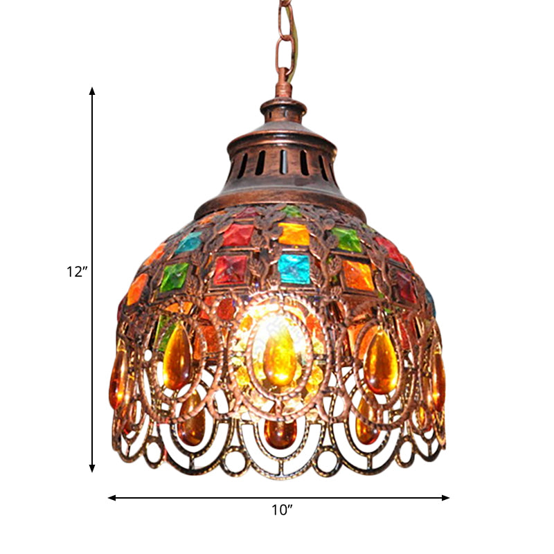 Iron Domed Suspension Lamp Bohemia Style 1 Light Ceiling Pendant Light with Crystal Accent in Weathered Copper