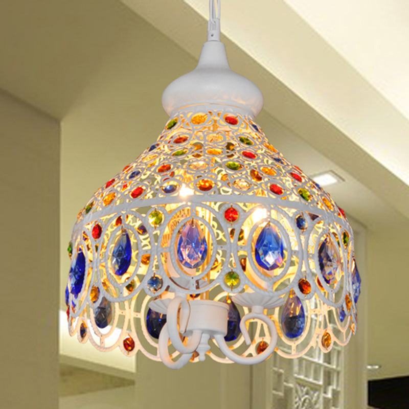 White Dome Hanging Ceiling Light 3 Lights Bohemia Metal Pendant Lighting with Crystal Gem Deco for Foyer