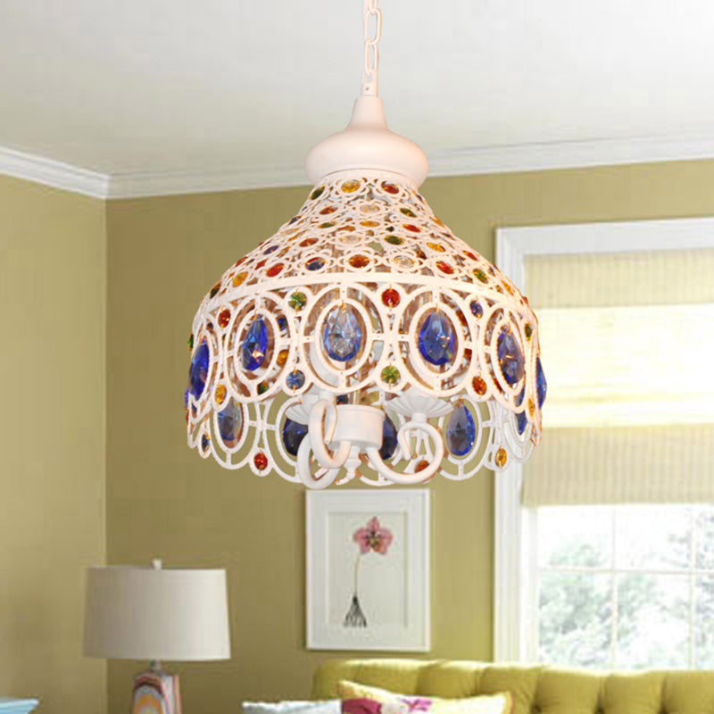 White Dome Hanging Ceiling Light 3 Lights Bohemia Metal Pendant Lighting with Crystal Gem Deco for Foyer