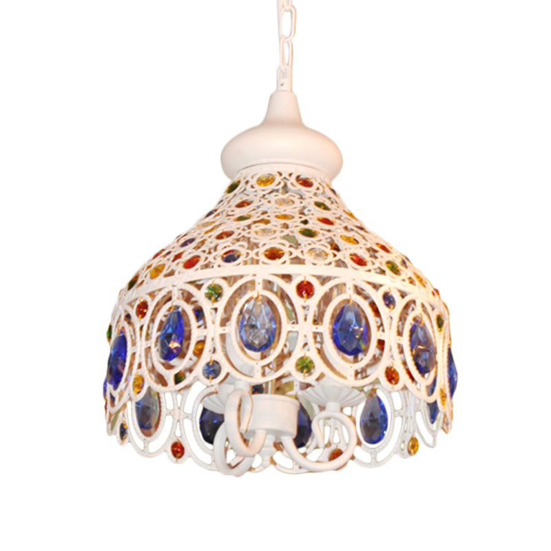 White Dome Hanging Ceiling Light 3 Lights Bohemia Metal Pendant Lighting with Crystal Gem Deco for Foyer