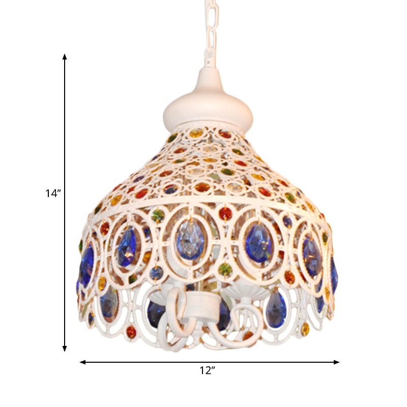 White Dome Hanging Ceiling Light 3 Lights Bohemia Metal Pendant Lighting with Crystal Gem Deco for Foyer