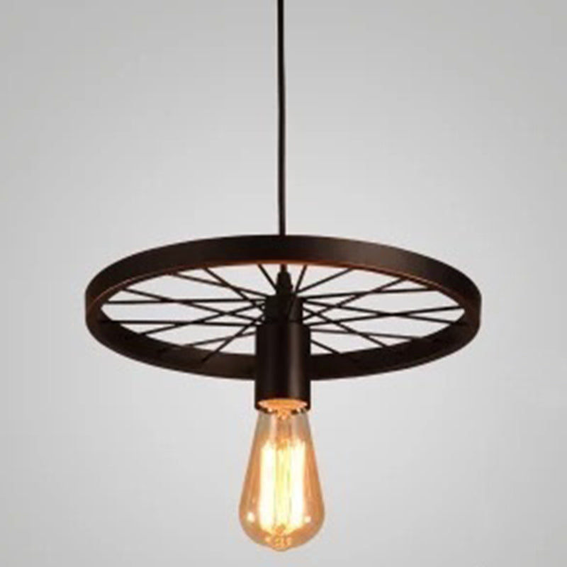 Metal Hanging Pendant Light Vintage Style Black Wagon Wheel Coffee Shop Suspension Lamp