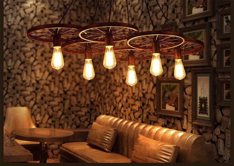 Metal Hanging Pendant Light Vintage Style Black Wagon Wheel Coffee Shop Suspension Lamp