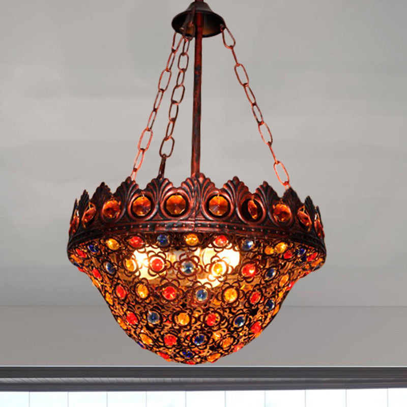 Bohemia Bowl Ceiling Light Crystal and Metal 3 Lights Suspension Lamp in Rustic Copper for Corridor