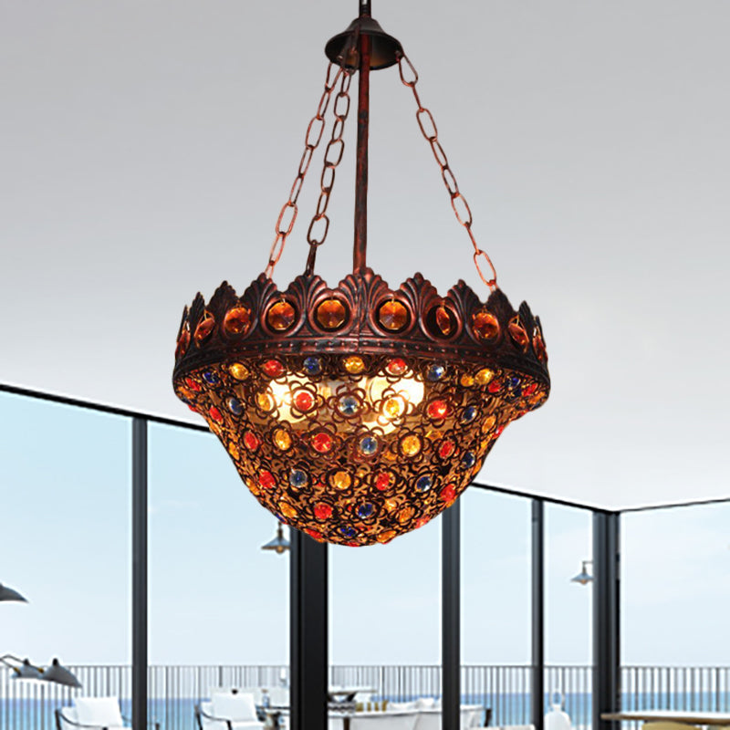 Bohemia Bowl Ceiling Light Crystal and Metal 3 Lights Suspension Lamp in Rustic Copper for Corridor