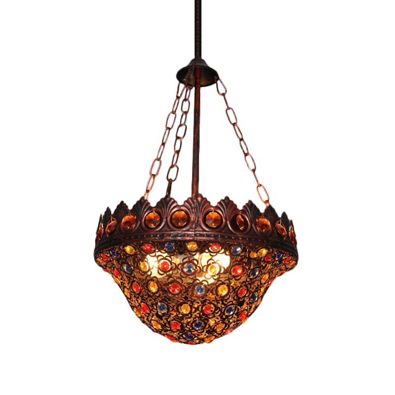 Bohemia Bowl Ceiling Light Crystal and Metal 3 Lights Suspension Lamp in Rustic Copper for Corridor