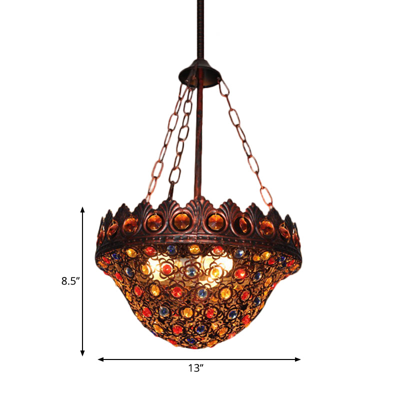 Bohemia Bowl Ceiling Light Crystal and Metal 3 Lights Suspension Lamp in Rustic Copper for Corridor