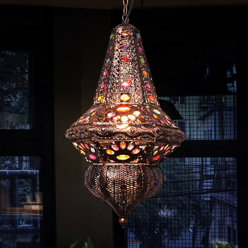 Crystal Beaded Stand Pendant Lighting with Lantern Shade Bohemia 1 Light Ceiling Light in Antique Copper