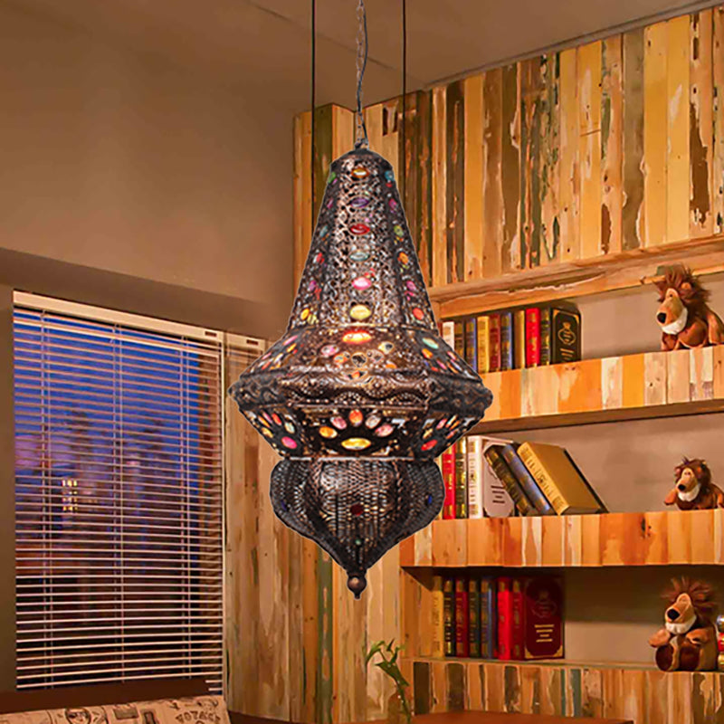 Crystal Beaded Stand Pendant Lighting with Lantern Shade Bohemia 1 Light Ceiling Light in Antique Copper