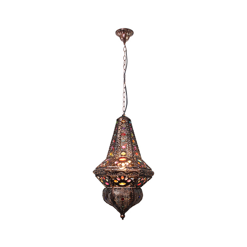 Crystal Beaded Stand Pendant Lighting with Lantern Shade Bohemia 1 Light Ceiling Light in Antique Copper