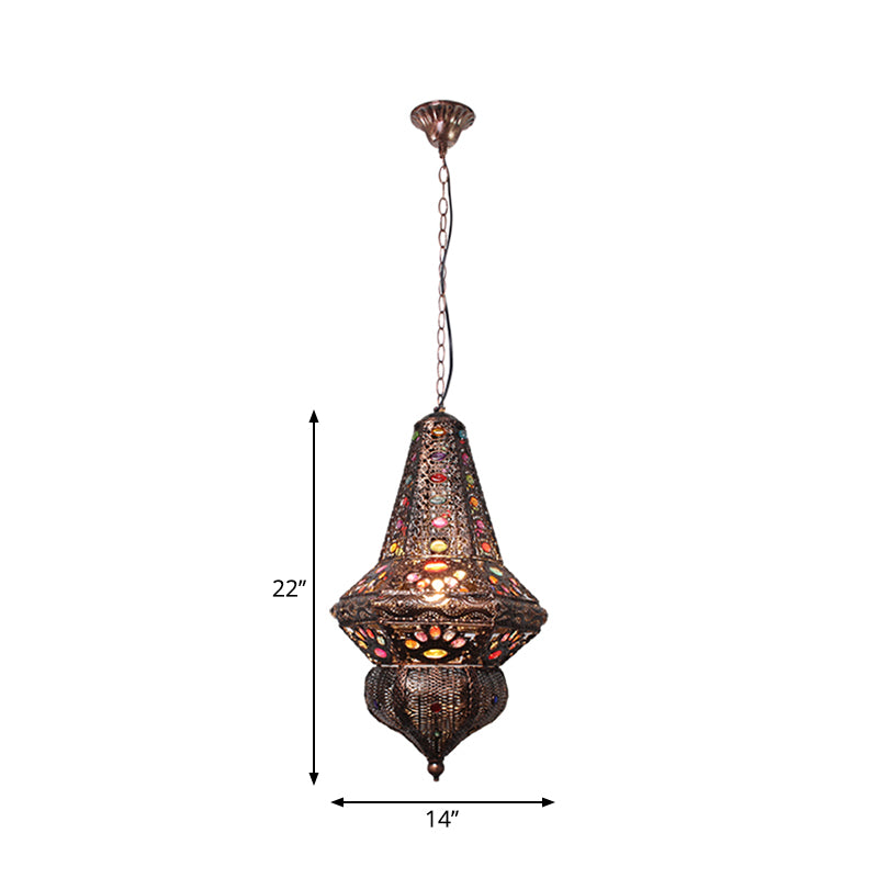 Crystal Beaded Stand Pendant Lighting with Lantern Shade Bohemia 1 Light Ceiling Light in Antique Copper