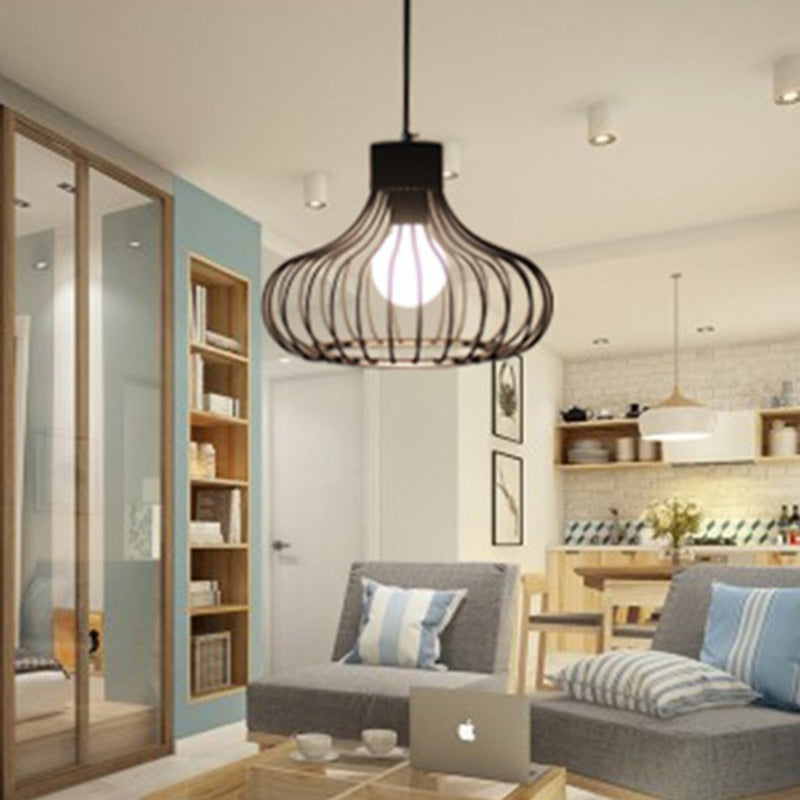 Metal Pendant Ceiling Light Industrial Black Cage Shade Living Room Pendant Lighting