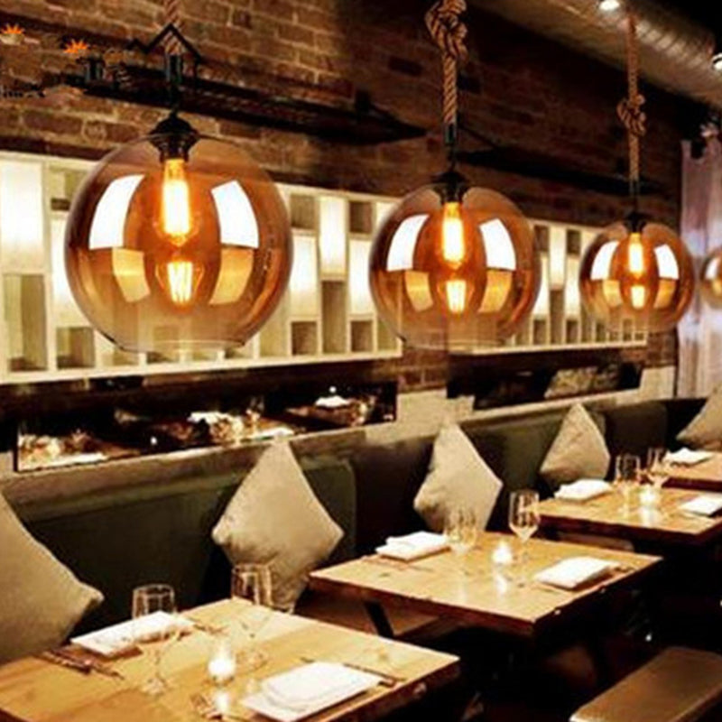 Glass Beige Pendant Light Fixture Round Industrial Style Hanging Pendant Light for Restaurant