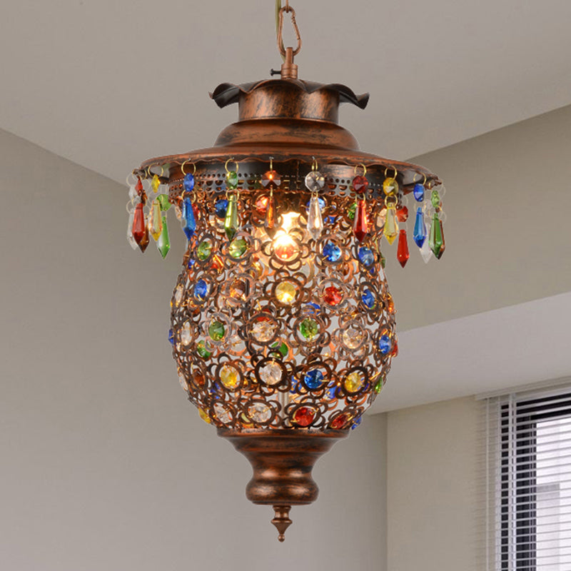 Bohemia Style Lantern Pendant Lamp Metallic 1 Light Hanging Ceiling Fixture with Crystal Bead in Antique Copper