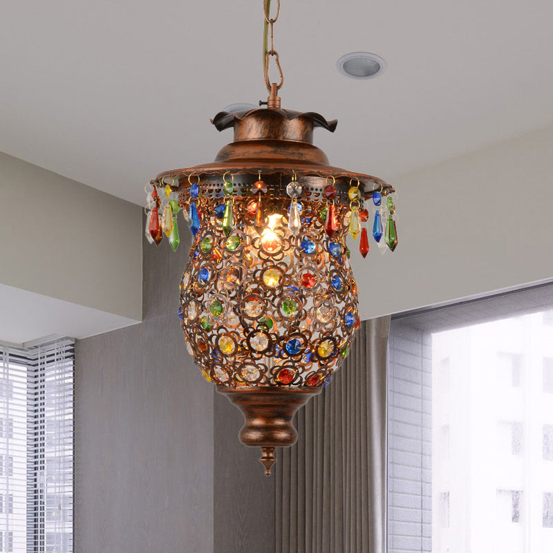 Bohemia Style Lantern Pendant Lamp Metallic 1 Light Hanging Ceiling Fixture with Crystal Bead in Antique Copper