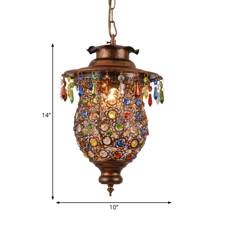 Bohemia Style Lantern Pendant Lamp Metallic 1 Light Hanging Ceiling Fixture with Crystal Bead in Antique Copper