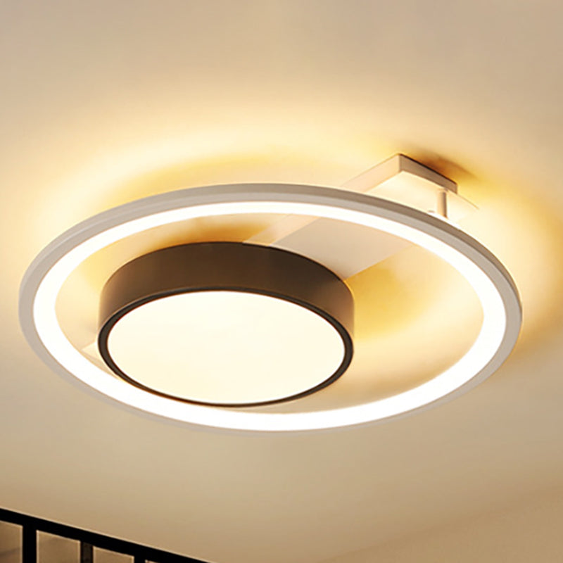 Simple Drum Flush Lamp with Halo Ring Black and White Metal Led Flush Ceiling Light in Warm/White, 16"/19.5" Wide