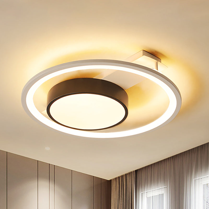 Simple Drum Flush Lamp with Halo Ring Black and White Metal Led Flush Ceiling Light in Warm/White, 16"/19.5" Wide