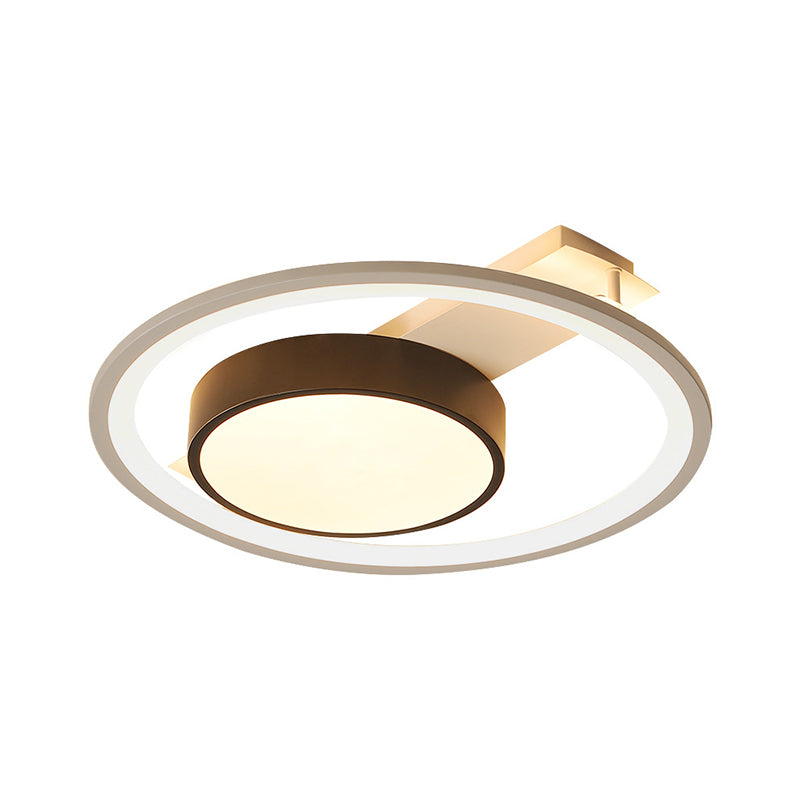 Simple Drum Flush Lamp with Halo Ring Black and White Metal Led Flush Ceiling Light in Warm/White, 16"/19.5" Wide