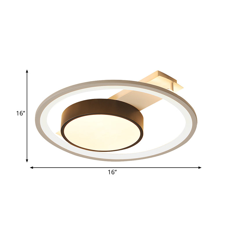 Simple Drum Flush Lamp with Halo Ring Black and White Metal Led Flush Ceiling Light in Warm/White, 16"/19.5" Wide