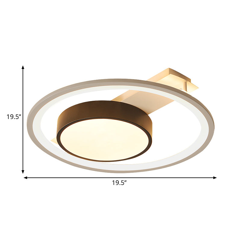 Simple Drum Flush Lamp with Halo Ring Black and White Metal Led Flush Ceiling Light in Warm/White, 16"/19.5" Wide