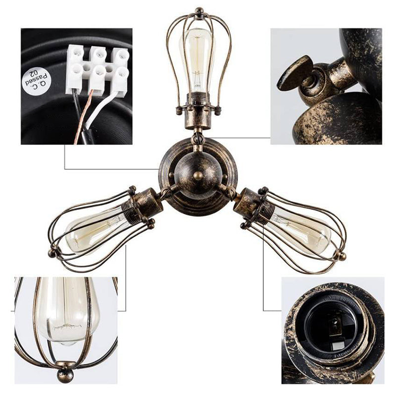 Wire Cage Bedroom Close To Ceiling Light Industrial Metal Rust Ceiling Mounted Light