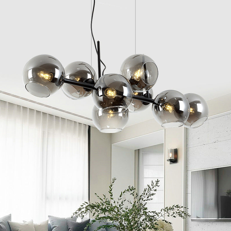 8 Light Mid-Century Gold Metal Island Pendant Lighting Spherical Glass Island Ceiling Light for Dining Table