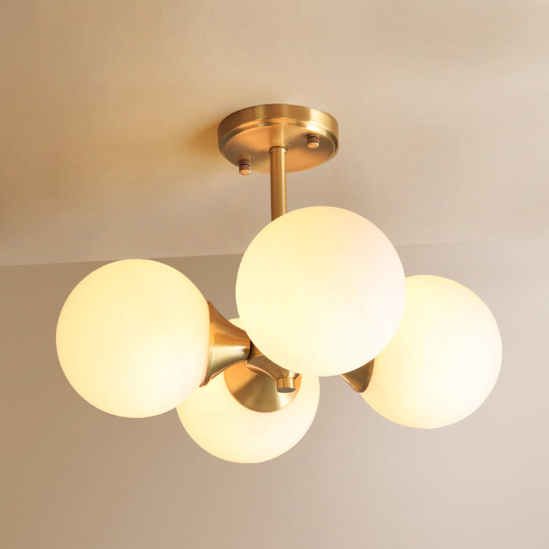 Post-Modern Metal Hanging Chandelier Light Opal Glass Shade 4 Light Ceiling Chandelier in Gold  for Bedroom