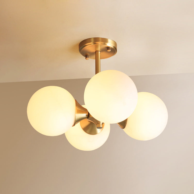 Post-Modern Metal Hanging Chandelier Light Opal Glass Shade 4 Light Ceiling Chandelier in Gold  for Bedroom