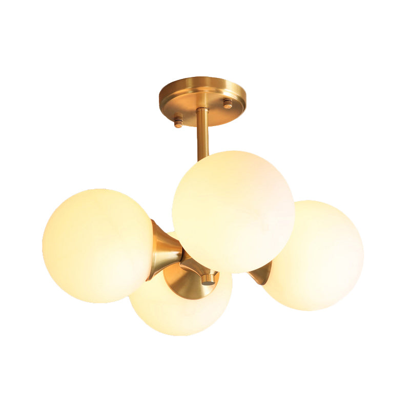 Post-Modern Metal Hanging Chandelier Light Opal Glass Shade 4 Light Ceiling Chandelier in Gold  for Bedroom