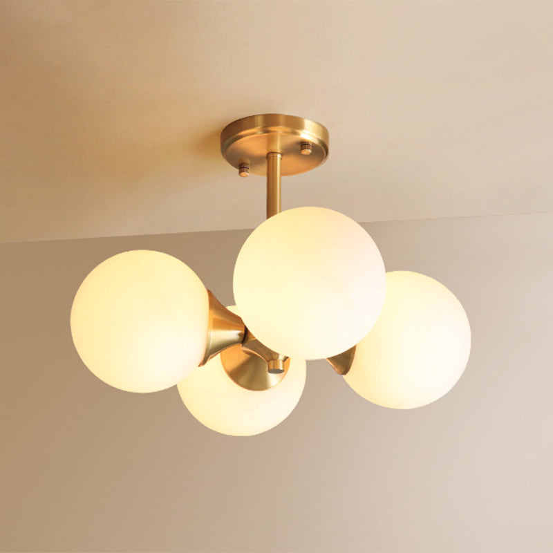 Post-Modern Metal Hanging Chandelier Light Opal Glass Shade 4 Light Ceiling Chandelier in Gold  for Bedroom