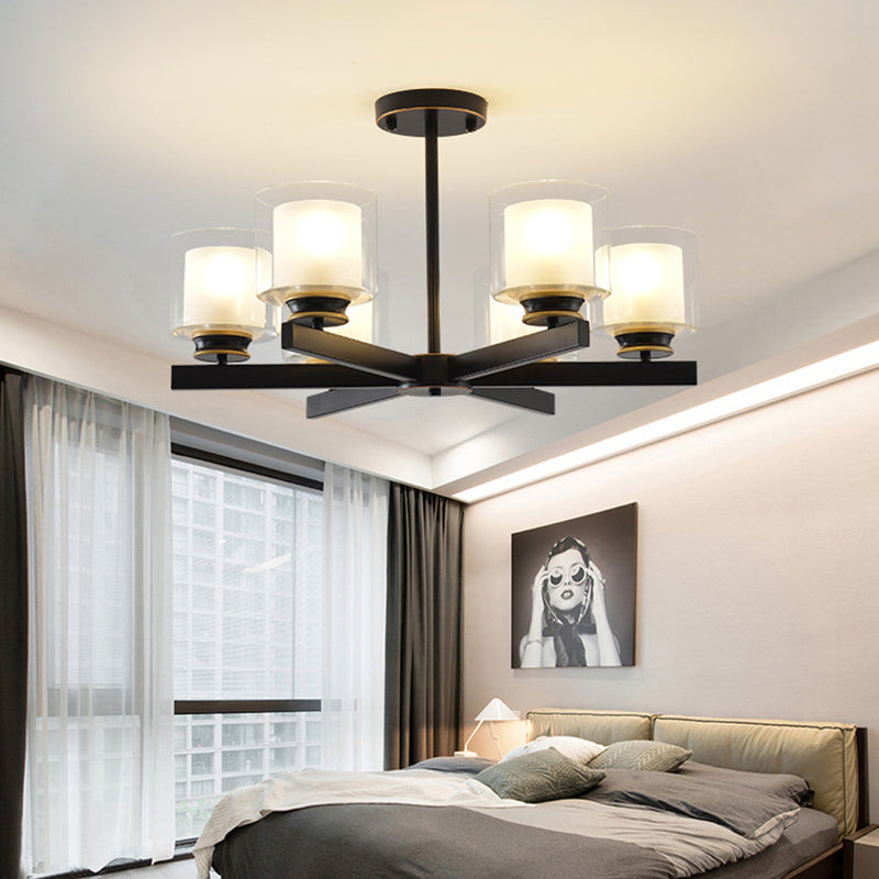 Contemporary Metal Hanging Chandelier Light Cylinder Glass Shade Suspension Light for Bedroom