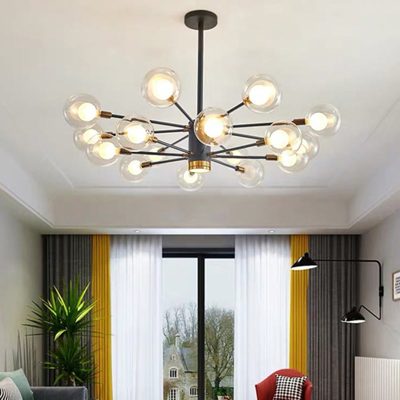 Modern Metal Radial Hanging Chandelier Light Spherical Clear Glass Shade Suspension Light  in Black