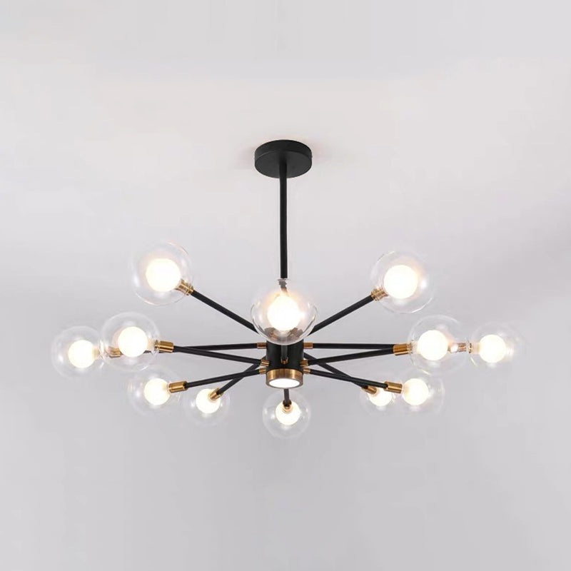 Modern Metal Radial Hanging Chandelier Light Spherical Clear Glass Shade Suspension Light  in Black